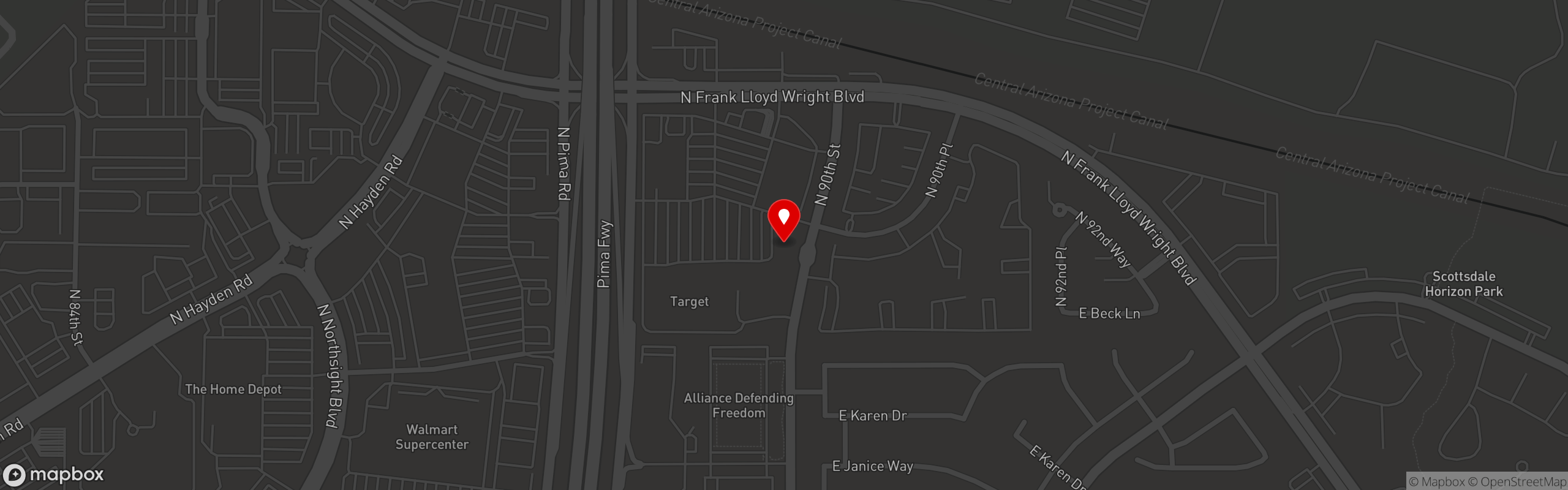 Street map pinning Streets of New York in Scottsdale - Frank Lloyd Wright Blvd & Pima Rd