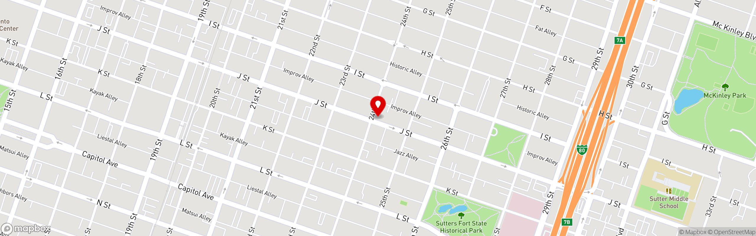 Street map pinning Rick's Dessert Diner in Sacramento, CA
