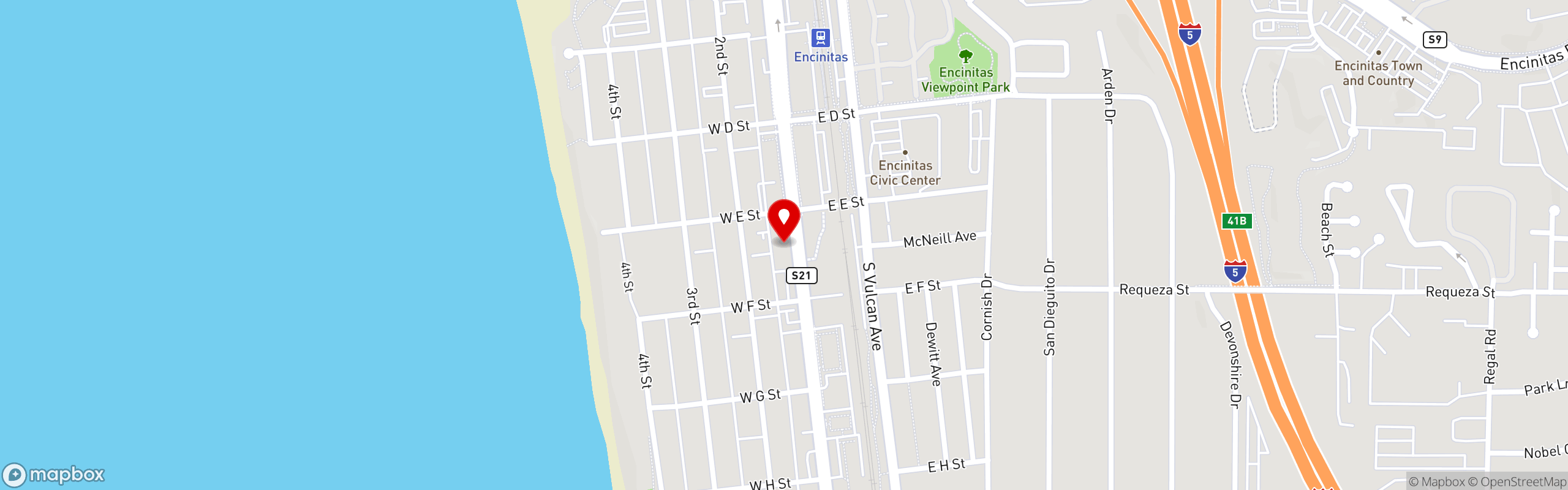 Street map pinning Honey's Bistro & Bakery in Encinitas