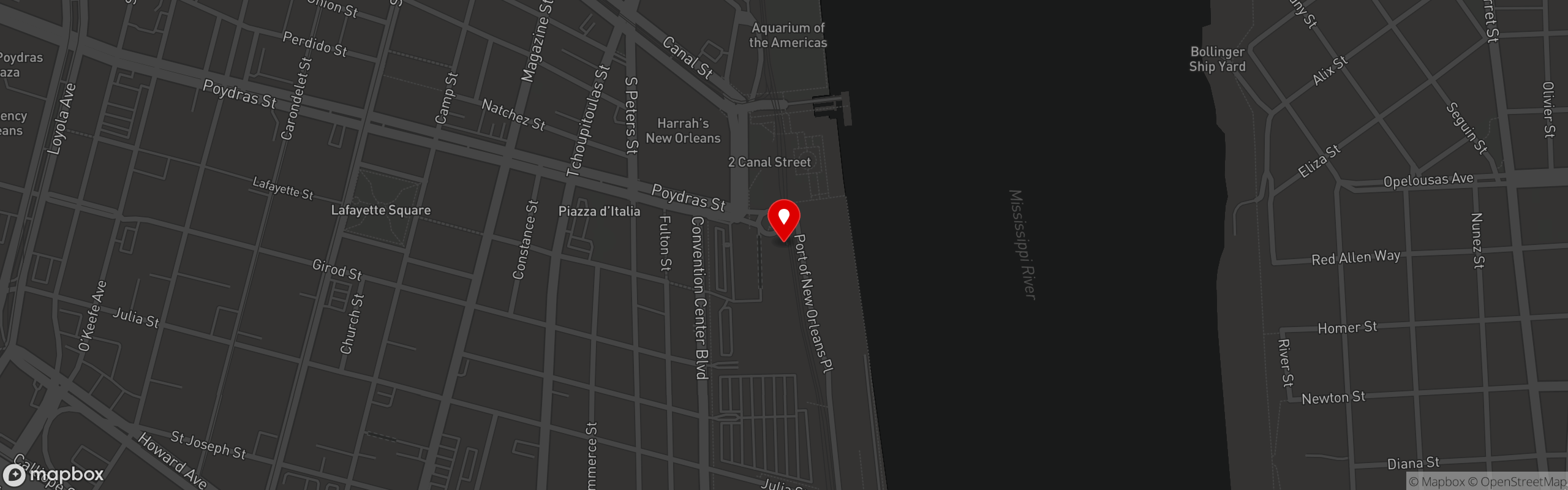 Street map pinning Drago's Seafood Restaurant in Hilton New Orleans Riverside