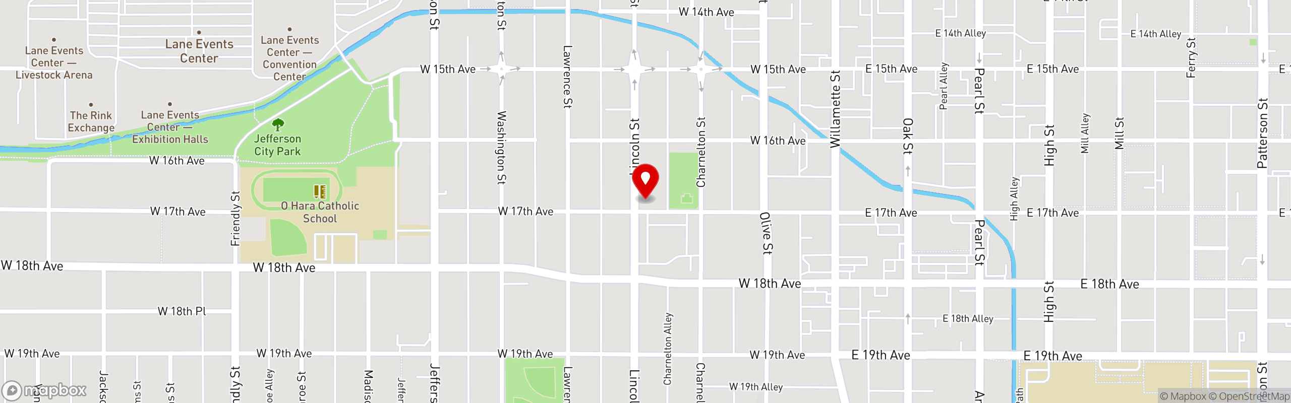 Street map pinning Cornucopia in W 17th Ave, Eugene