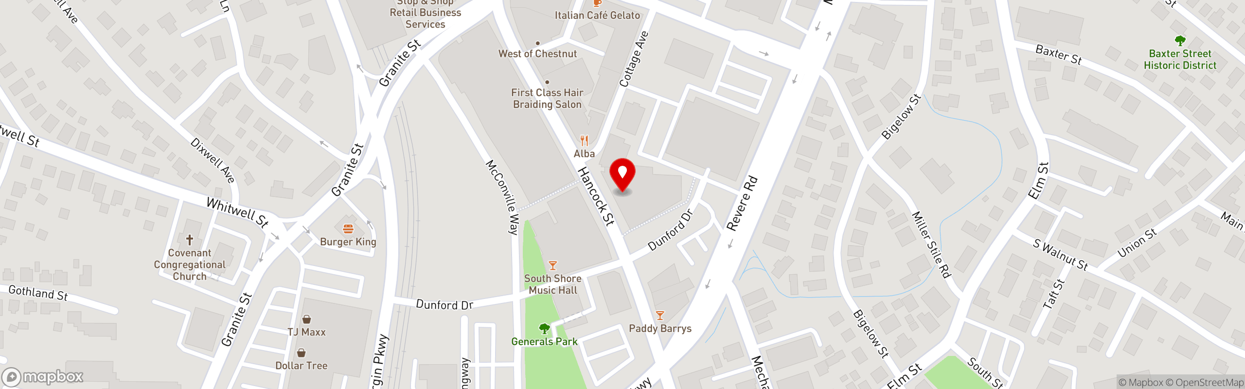 Street map pinning Evviva Trattoria in Quincy, MA