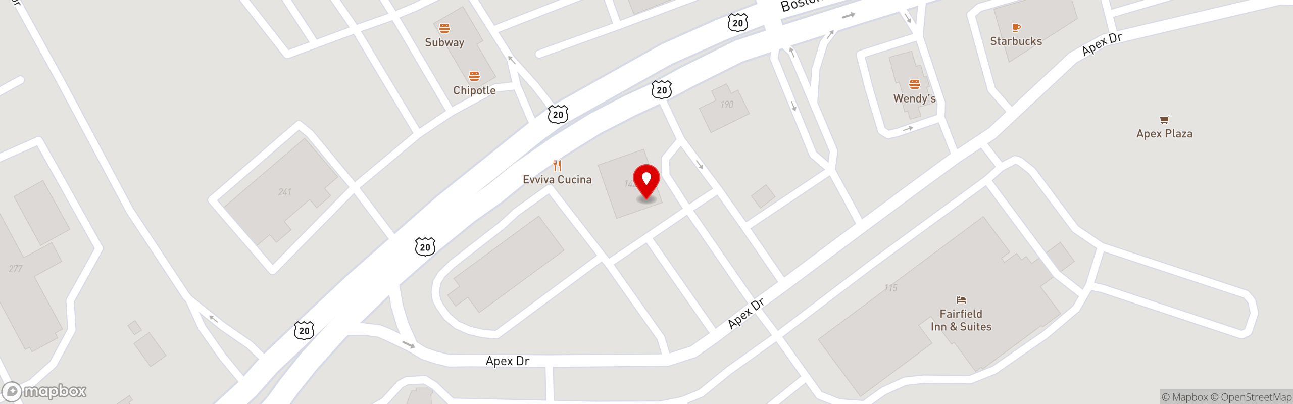 Street map pinning Evviva Trattoria in Marlborough, MA