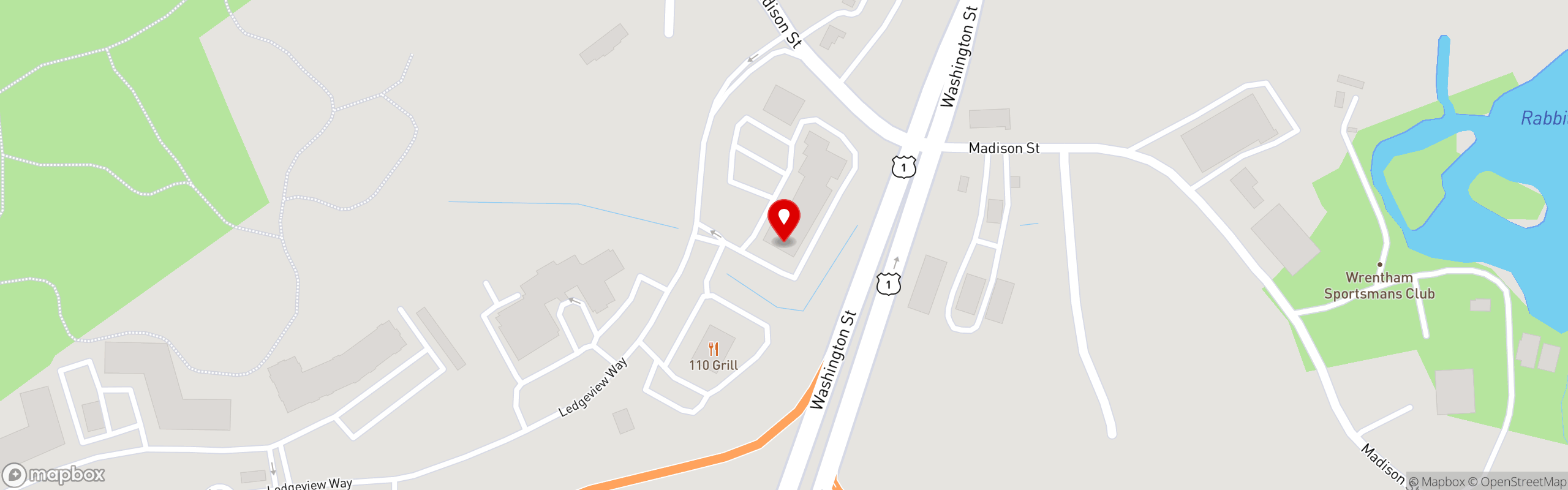 Street map pinning Evviva Trattoria in Wrentham, MA