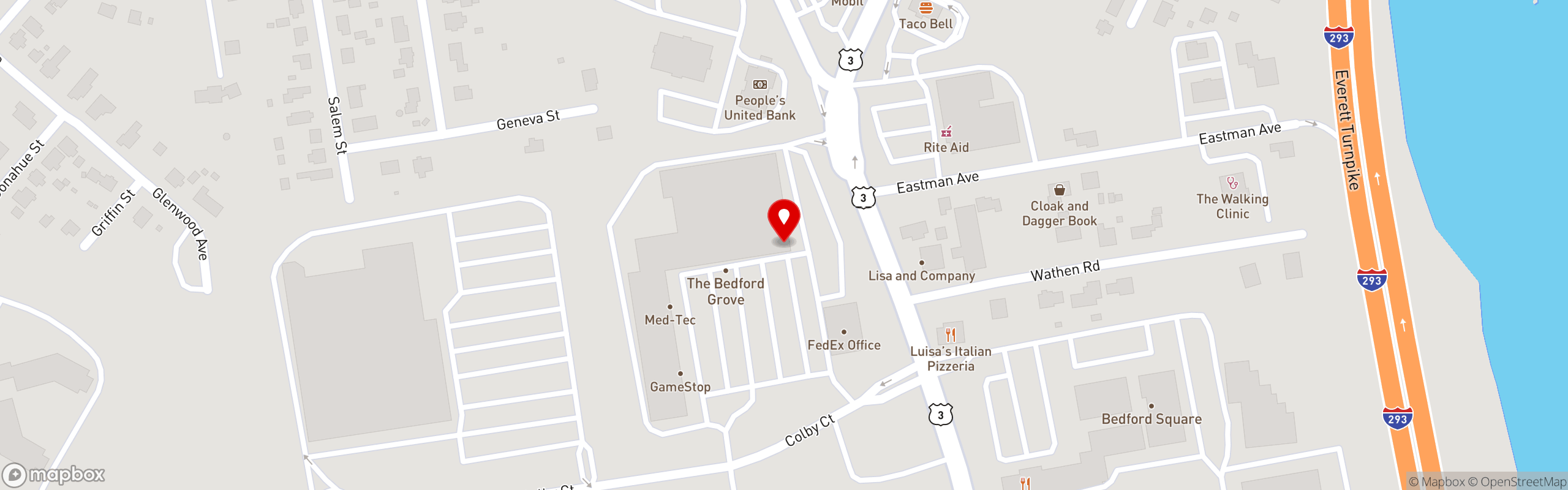 Street map pinning Evviva Trattoria in Bedford NH