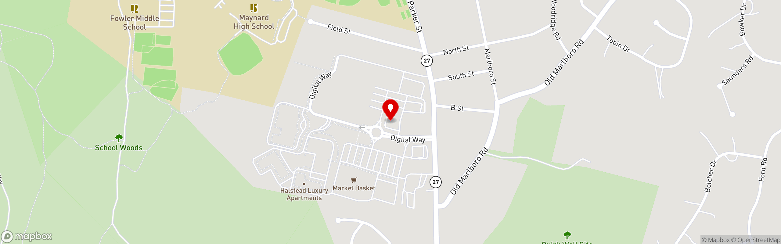 Street map pinning Evviva Trattoria in Maynard, MA