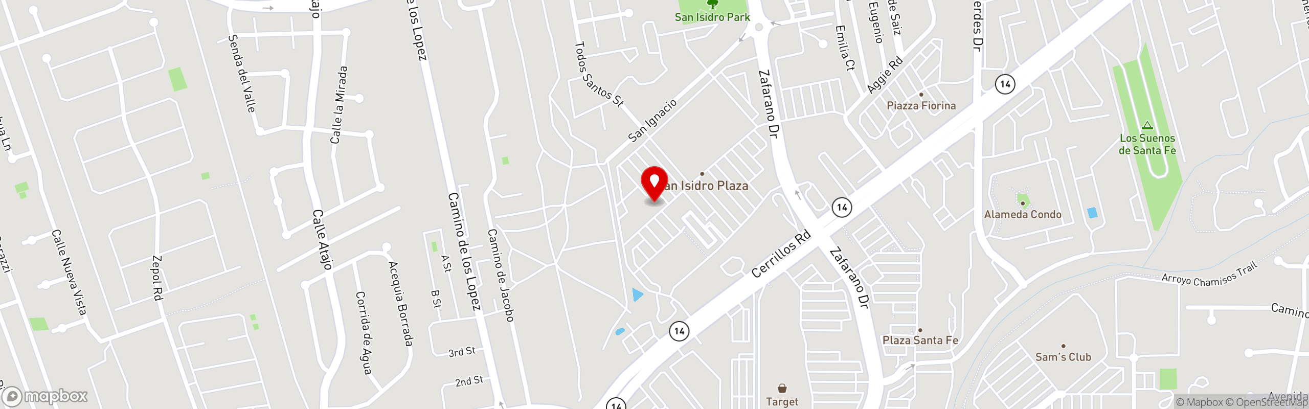 Street map pinning Santa Fe Capitol Grill in San Isidro Plaza