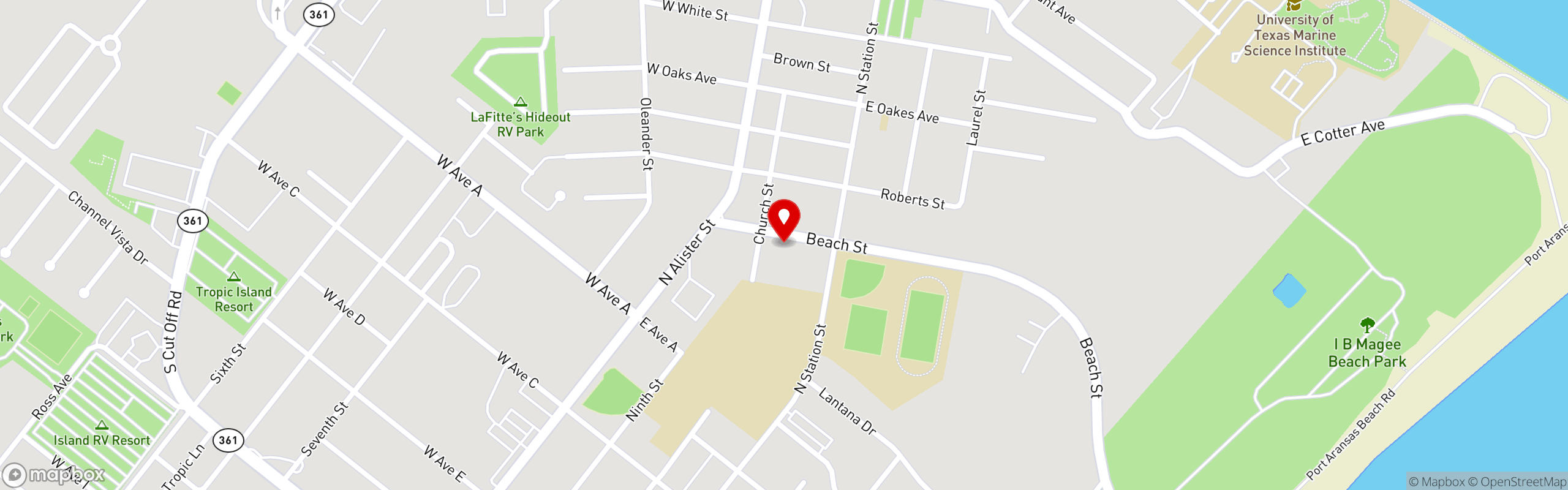 Street map pinning Lelo's Island Bar in Port Aransas