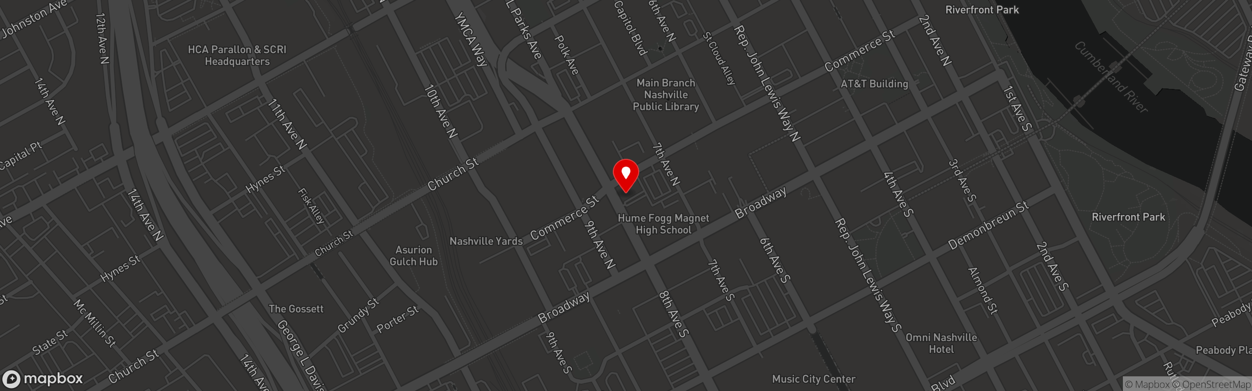 Street map pinning Cigars Red Phone Booth in Nashville