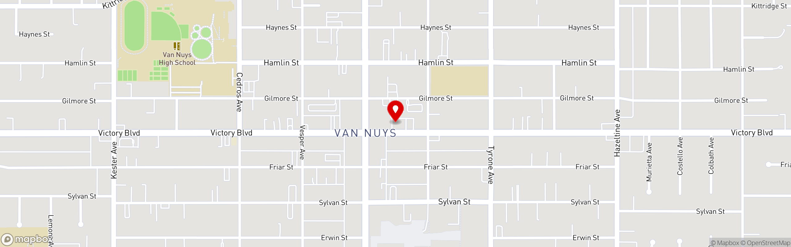 Street map pinning Lusy's Mediterranean Cafe & Grill in Van Nuys, CA