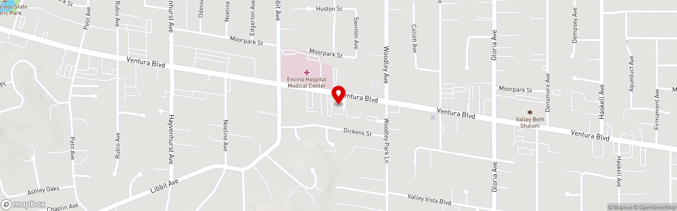 Street map pinning Lusy's Mediterranean Cafe & Grill in Encino, CA