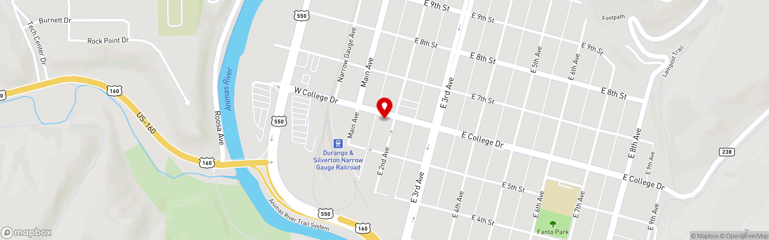 Street map pinning Mamma Silvia's Italian Kitchen in Historic Downtown Durango