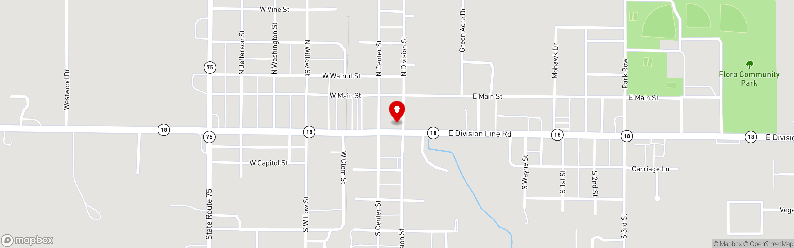 Street map pinning Flora Pizza King in Pizza King | Flora, IN
