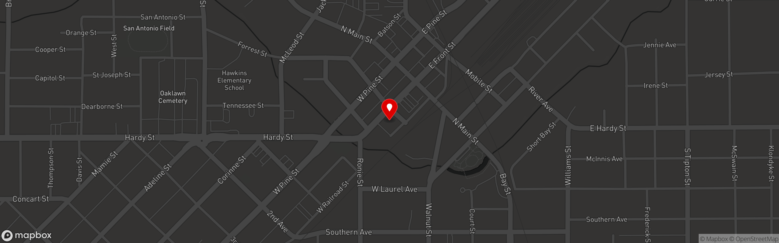 Street map pinning Bourbon on Front in Downtown Hattiesburg