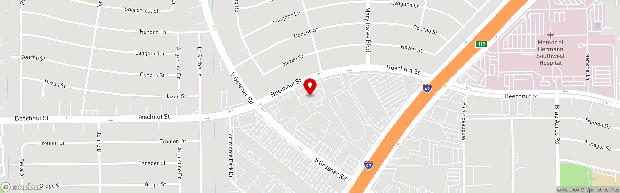 Street map pinning Arandas Bakery in Beechnut