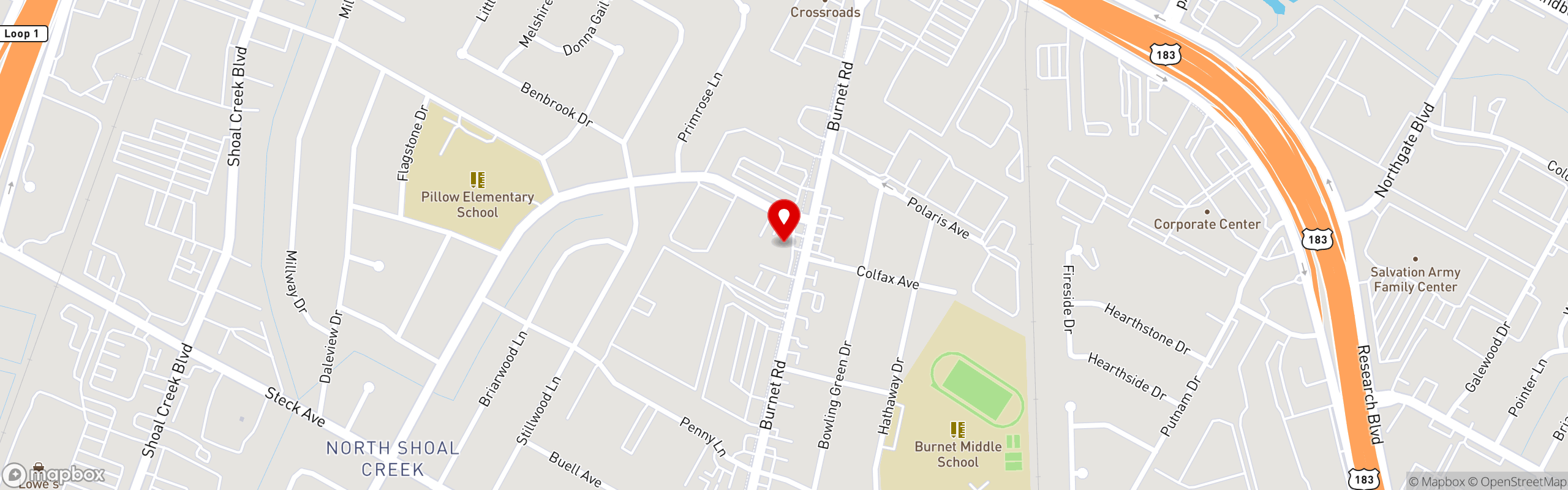 Street map pinning Waterloo Ice House in Burnet Road