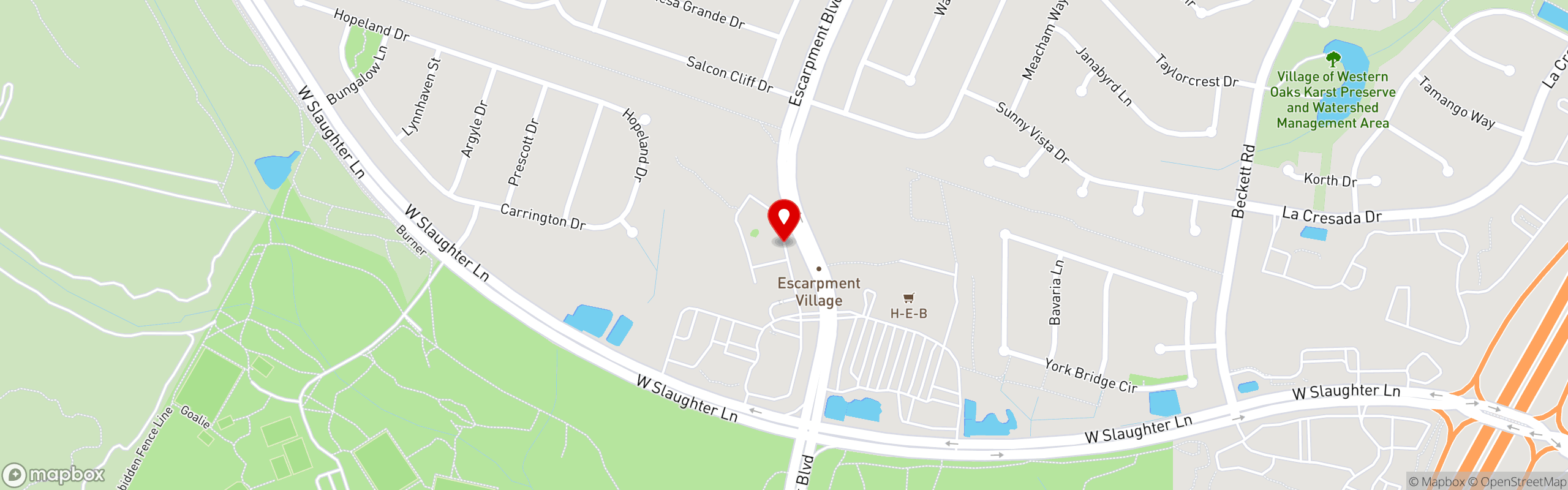Street map pinning Waterloo Ice House in Slaughter Lane & Escarpment Boulevard