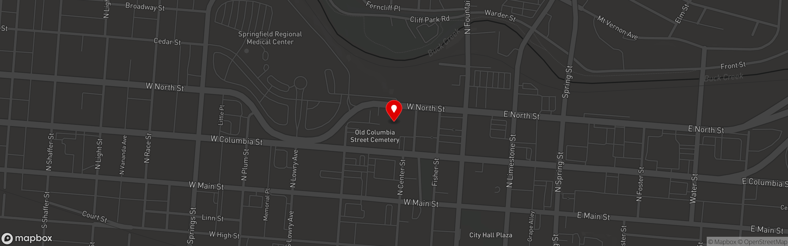 Street map pinning Mother Stewart's Brewing in Downtown Springfield