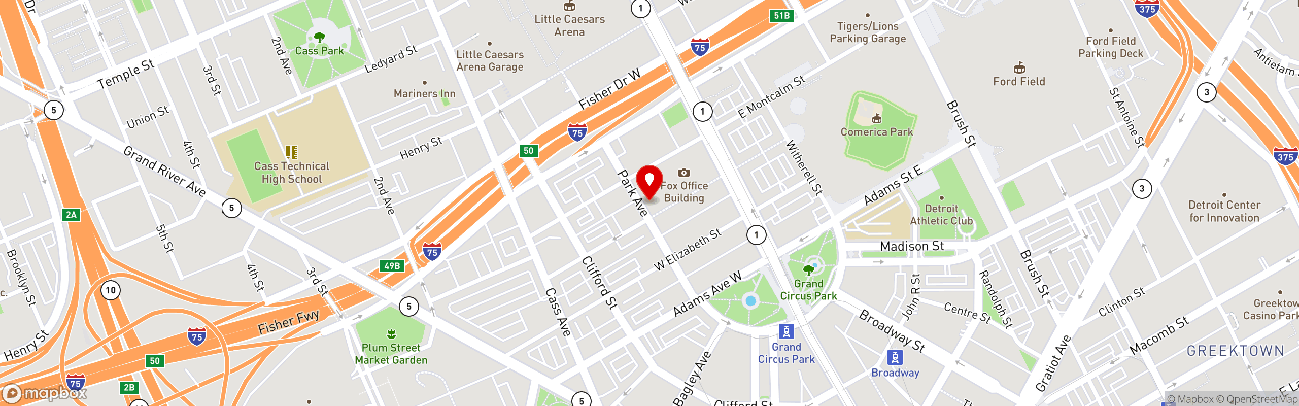 Street map pinning Daisy Dukes in Detroit, MI