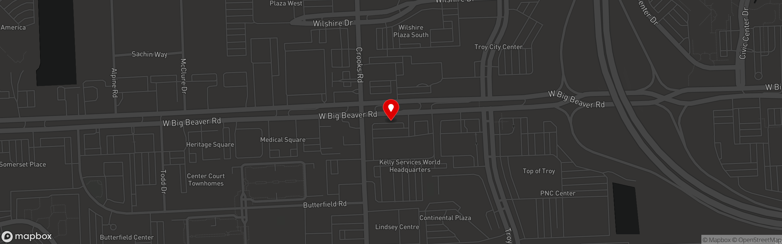 Street map pinning Seven Sundays Coffee in Troy (Big Beaver & Crooks)
