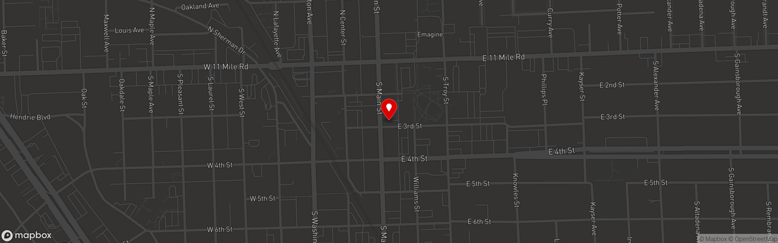 Street map pinning Seven Sundays Coffee in Royal Oak (Downtown)