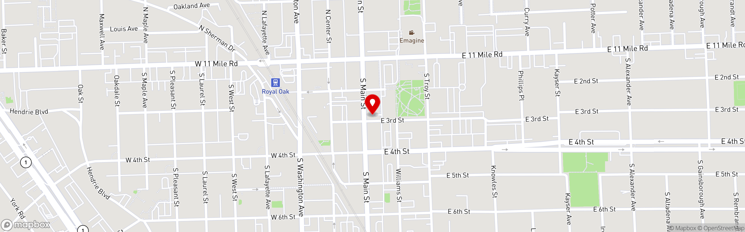 Street map pinning Seven Sundays Coffee in Royal Oak (Downtown)