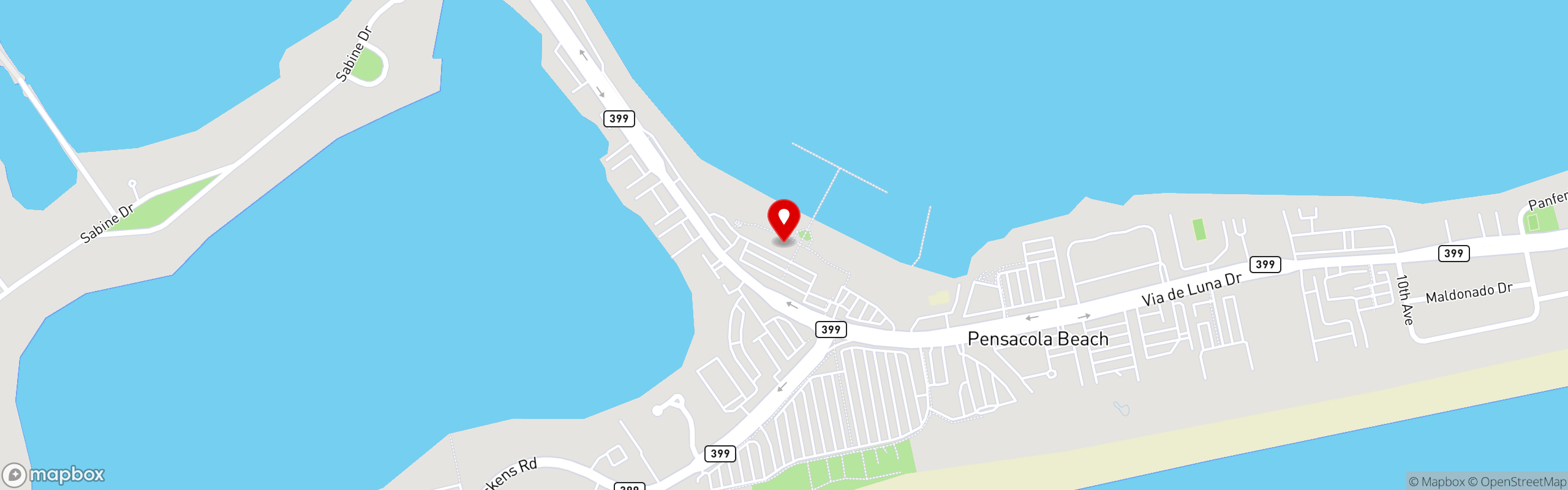 Street map pinning The Wharf Fish & Oyster Company in Pensacola Beach