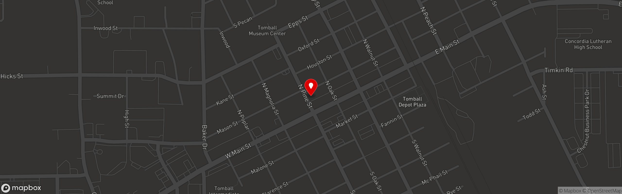 Street map pinning Pine Street Eats & Sweets in Tomball