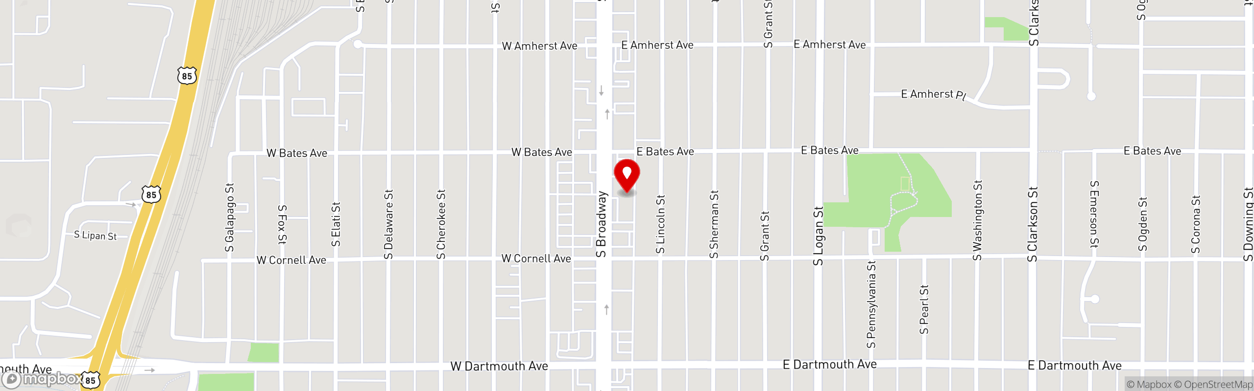 Street map pinning Trompeau Bakery + Cafe in South Broadway