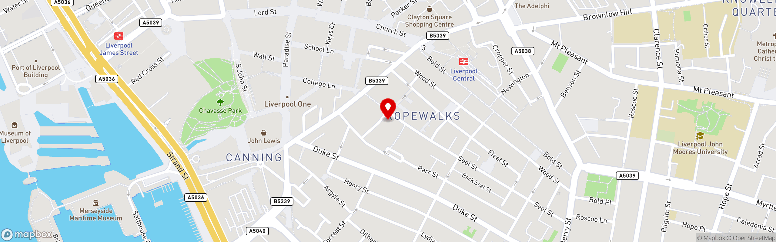 Street map showing the location of Piri Fino in Liverpool