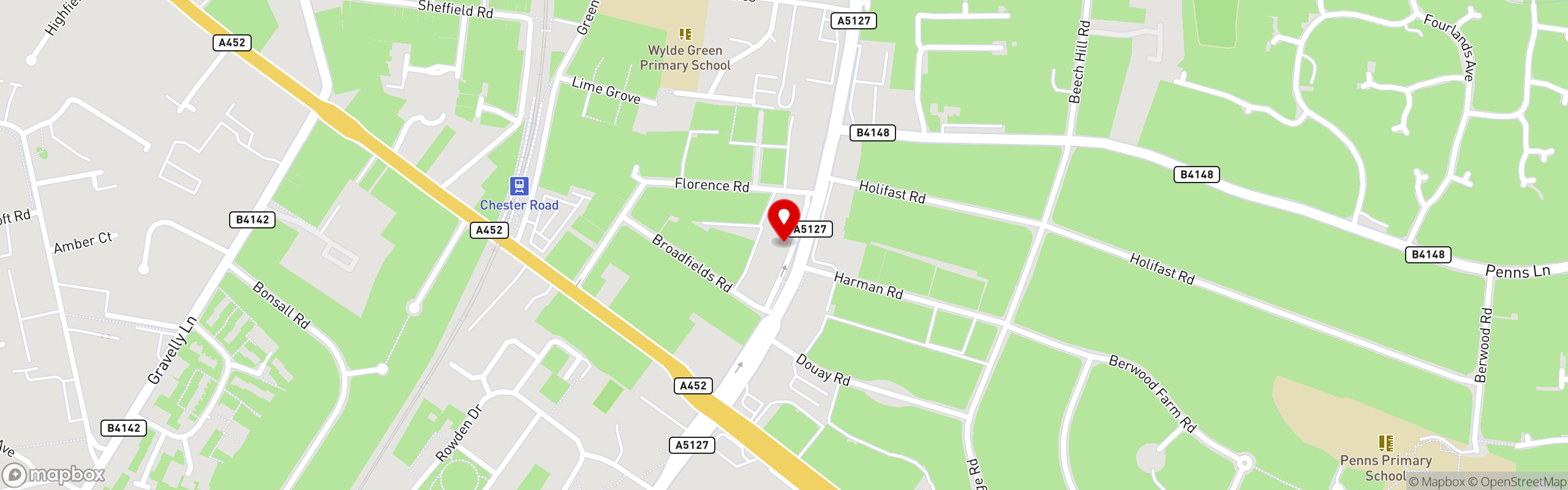 Street map showing the location of Piri Fino in Sutton Coldfield