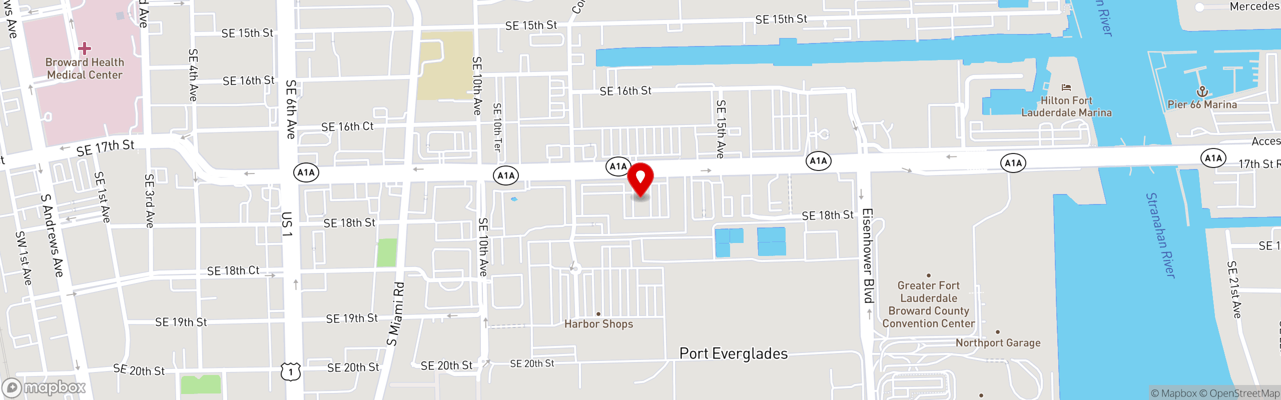 Street map pinning Press and Grind Cafe in Harbor Shops