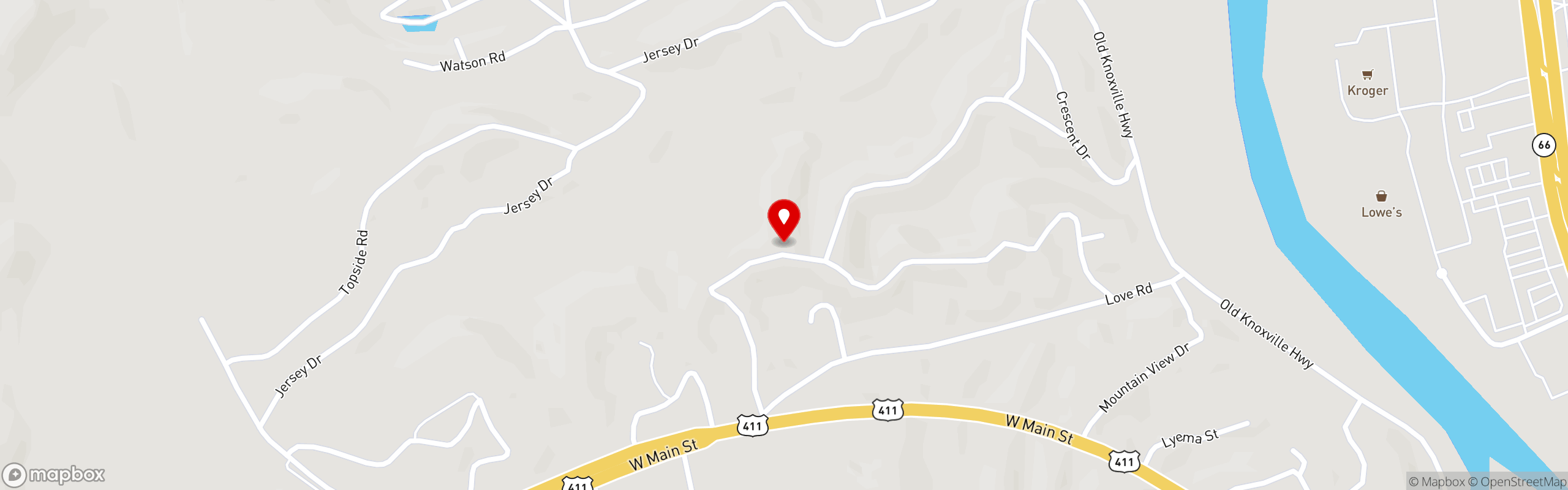 Street map pinning Shoney's in Sevierville, TN