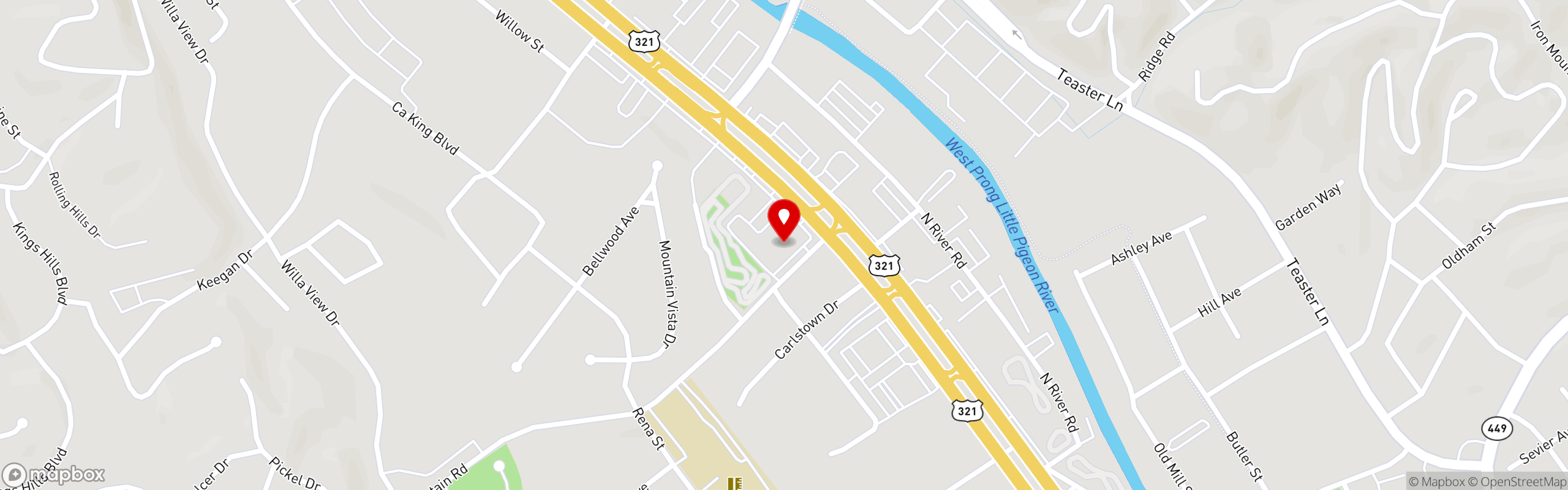 Street map pinning Shoney's in Pigeon Forge, TN
