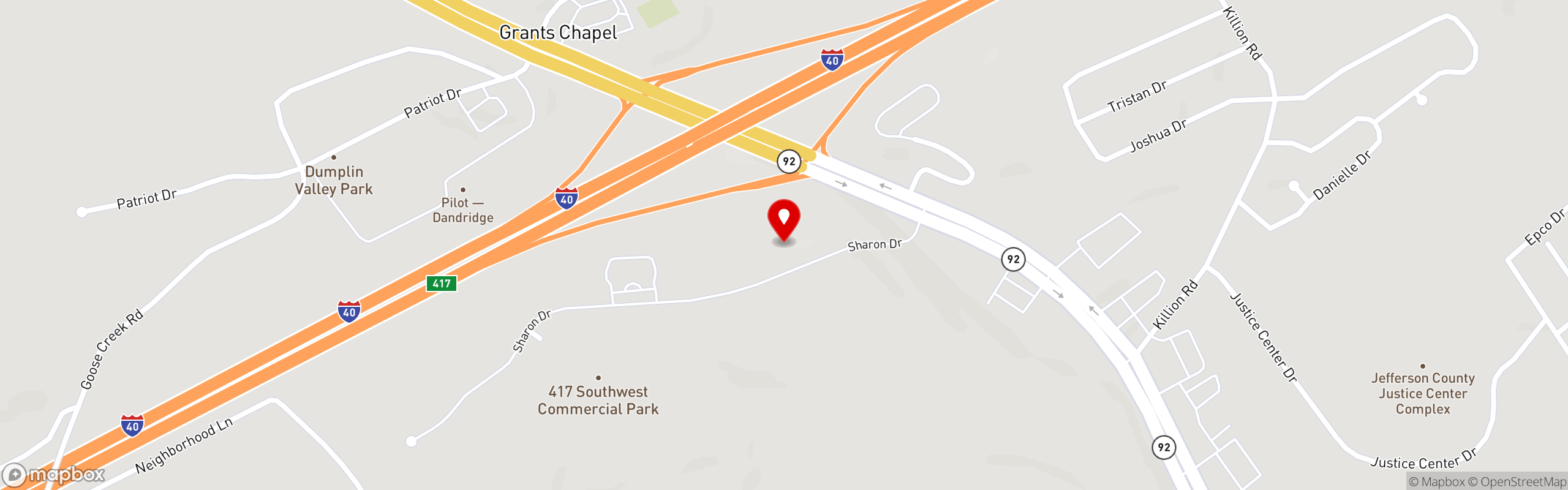 Street map pinning Shoney's in Dandridge, TN