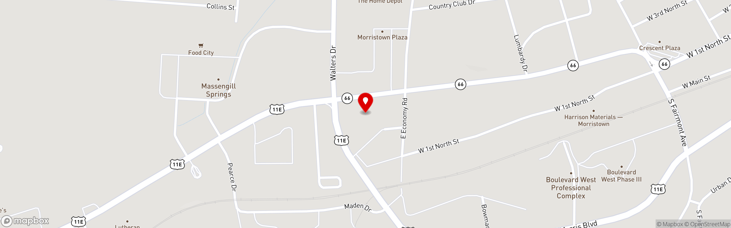 Street map pinning Shoney's in Morristown, TN