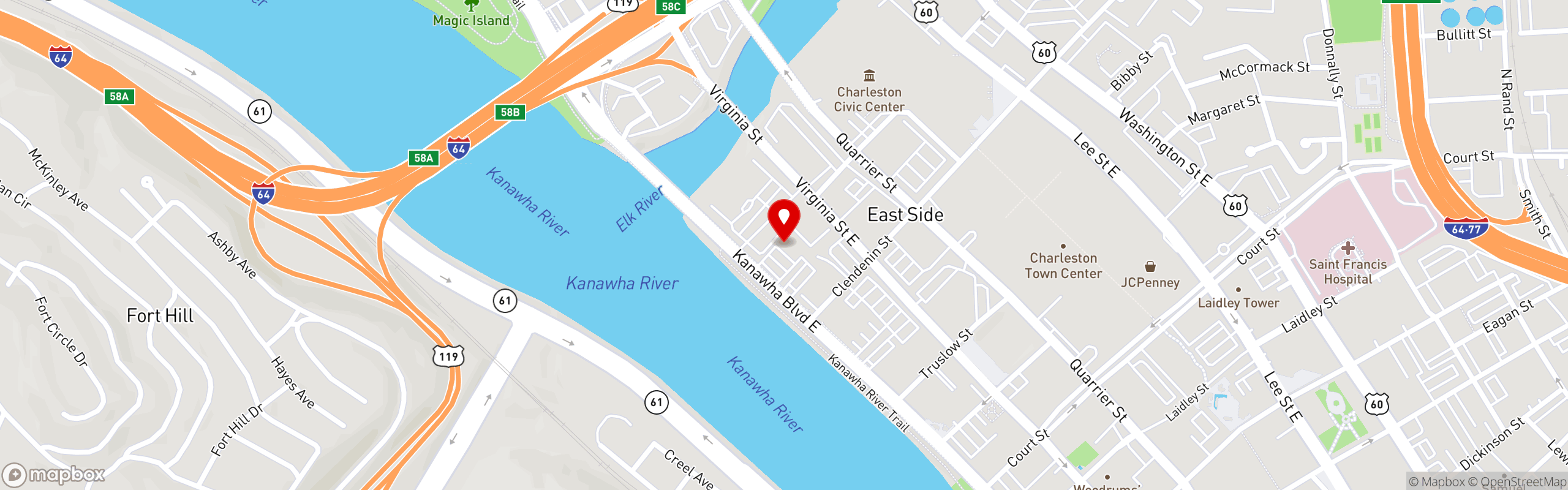 Street map pinning Shoney's in Charleston, WV