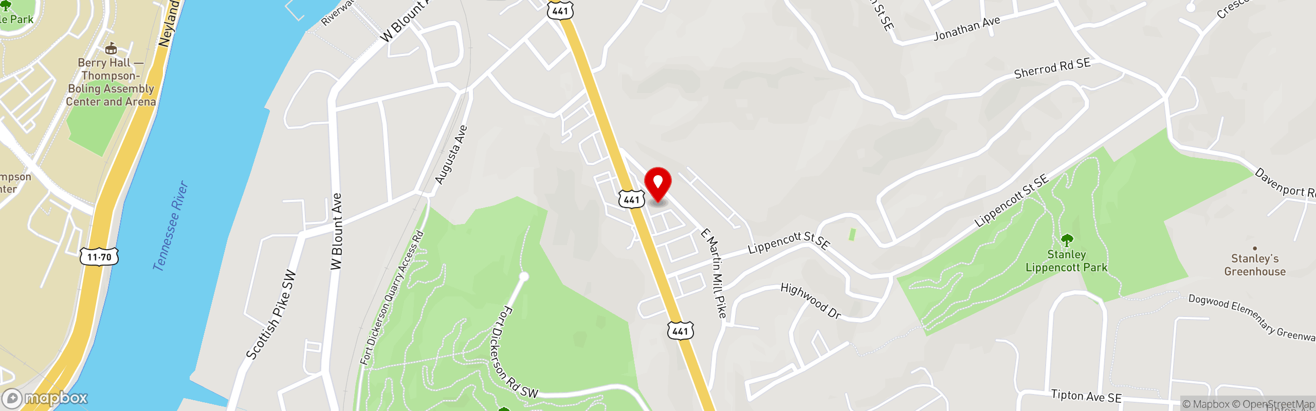 Street map pinning Shoney's in Knoxville, TN (Chapman Hwy)