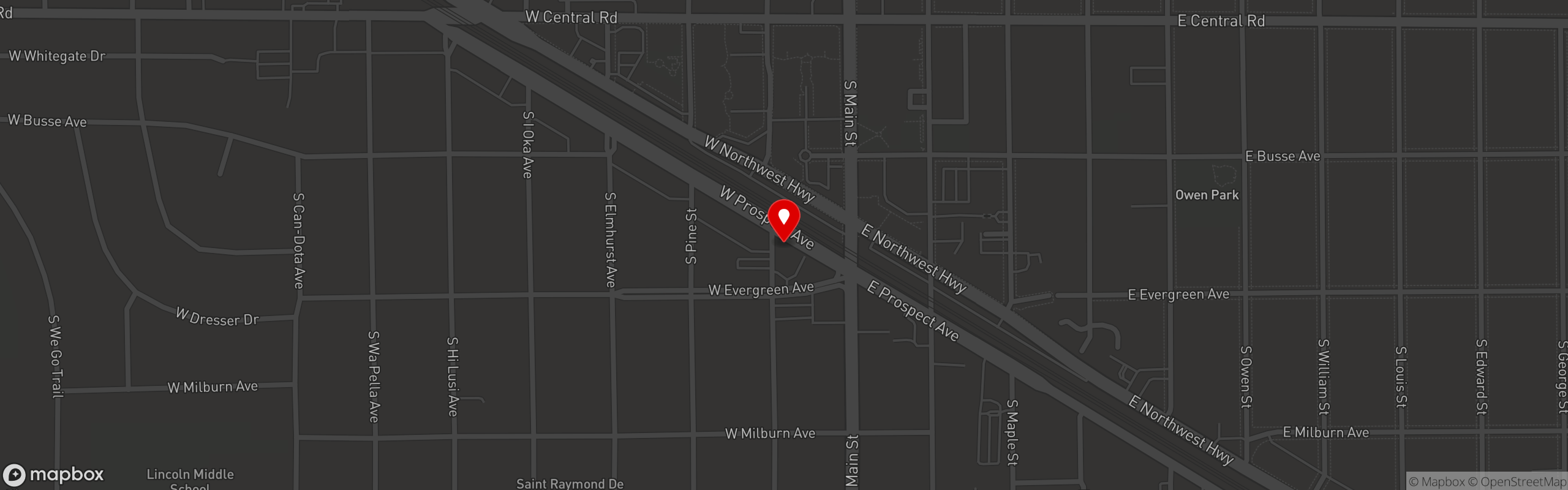 Street map pinning Whiskey Hill Brewing Company in WHISKEYHILL BREWERY & KITCHEN- MT PROSPECT
