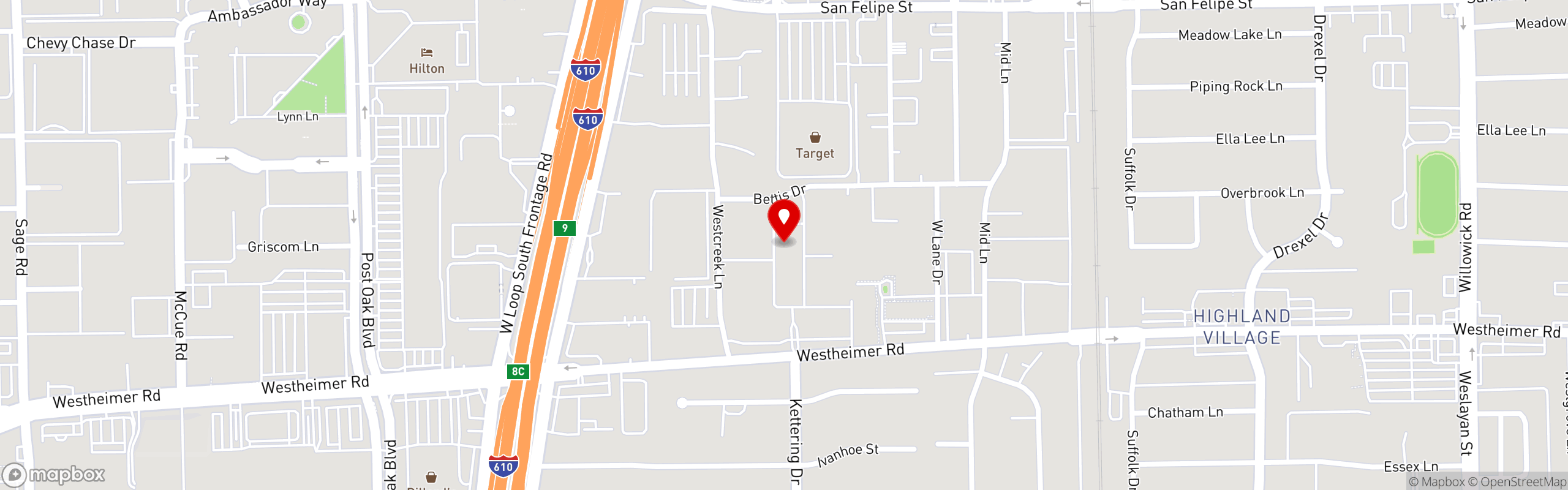 Street map pinning Toulouse Cafe and Bar in River Oaks, Houston