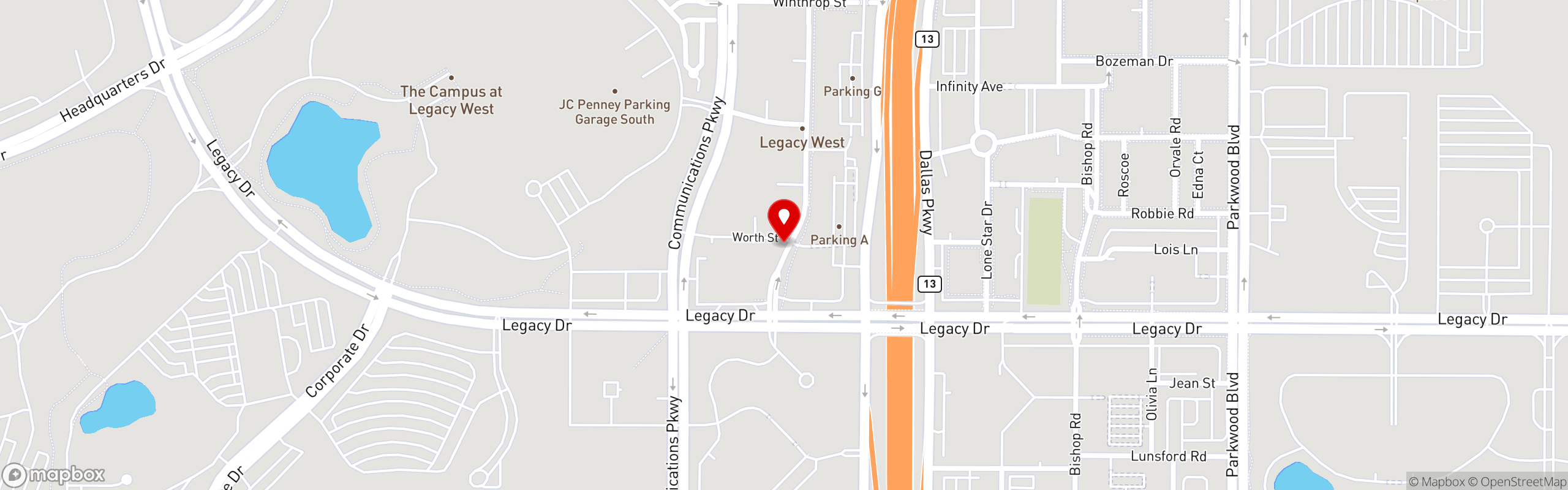 Street map pinning Toulouse Cafe and Bar in Legacy West, Plano