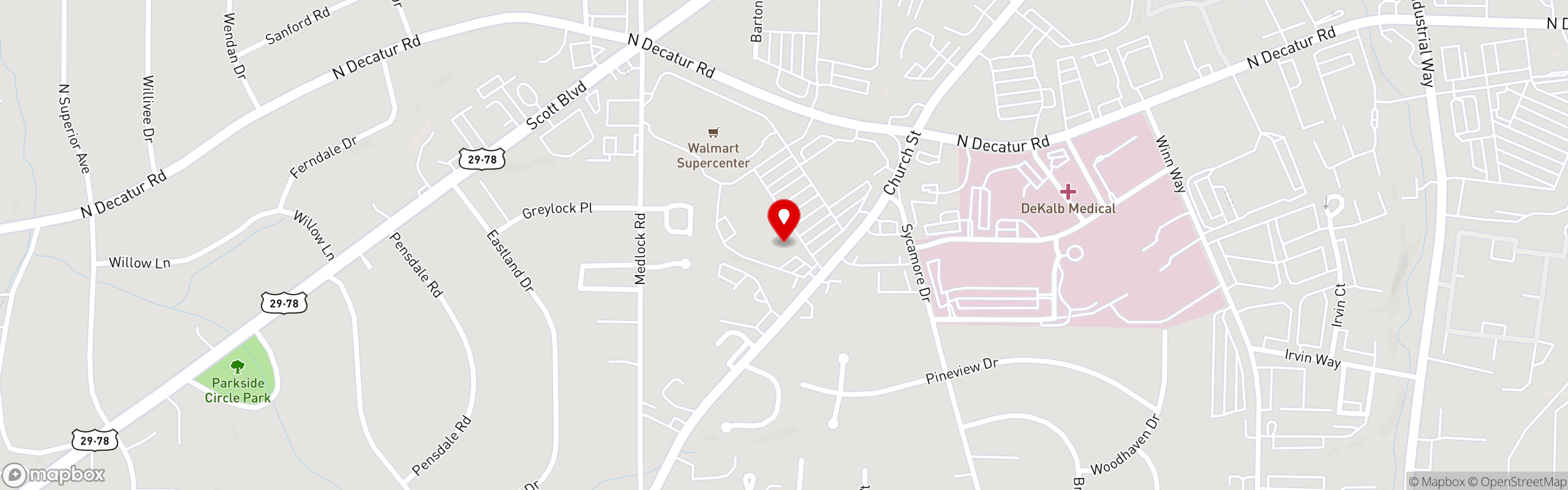 Street map pinning Comet Pub & Lanes in Decatur