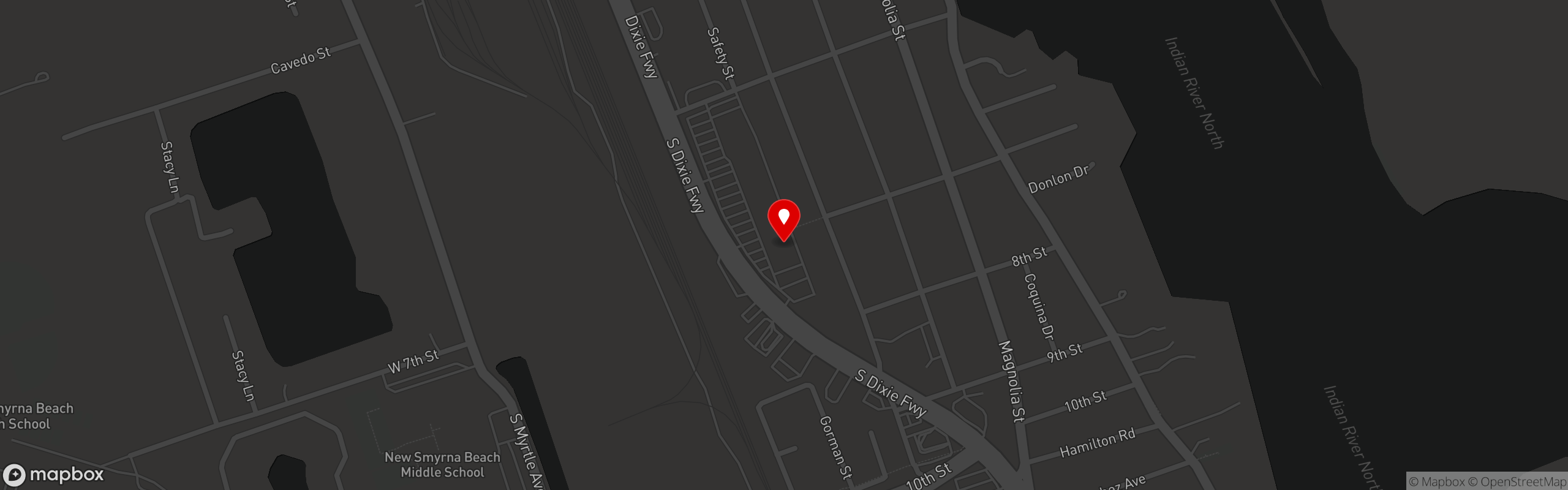 Street map pinning McKenna's Place NSB in New Smyrna Beach Shopping Center