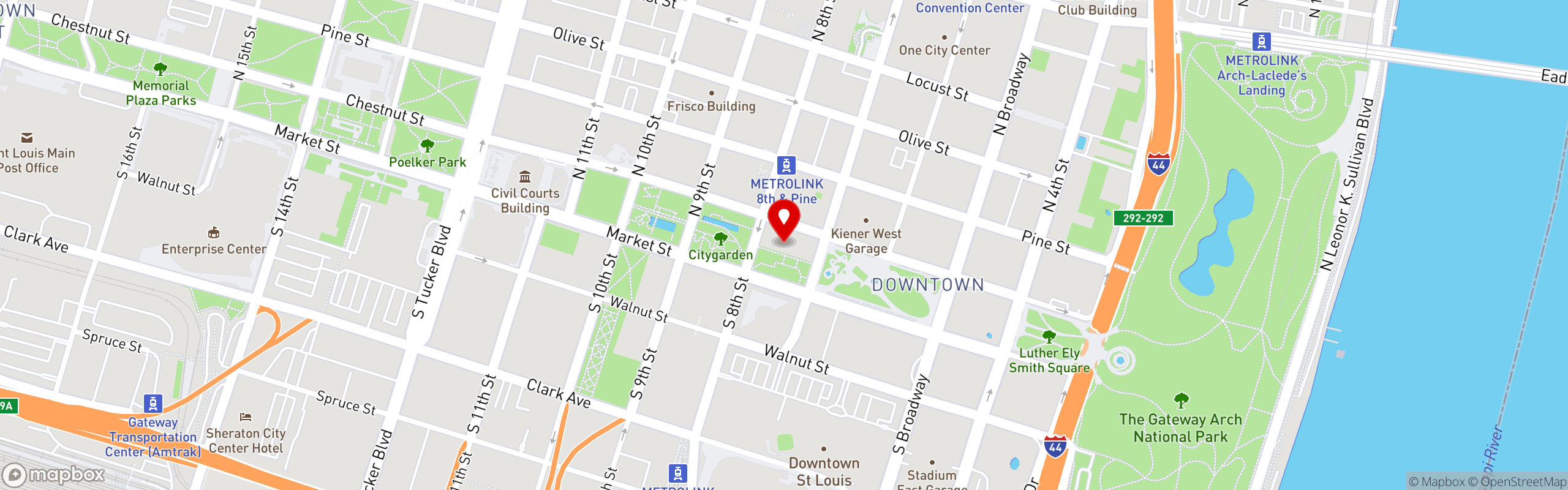 Street map pinning UKRAFT Brunch Cafe in Downtown St. Louis at Kiener Plaza