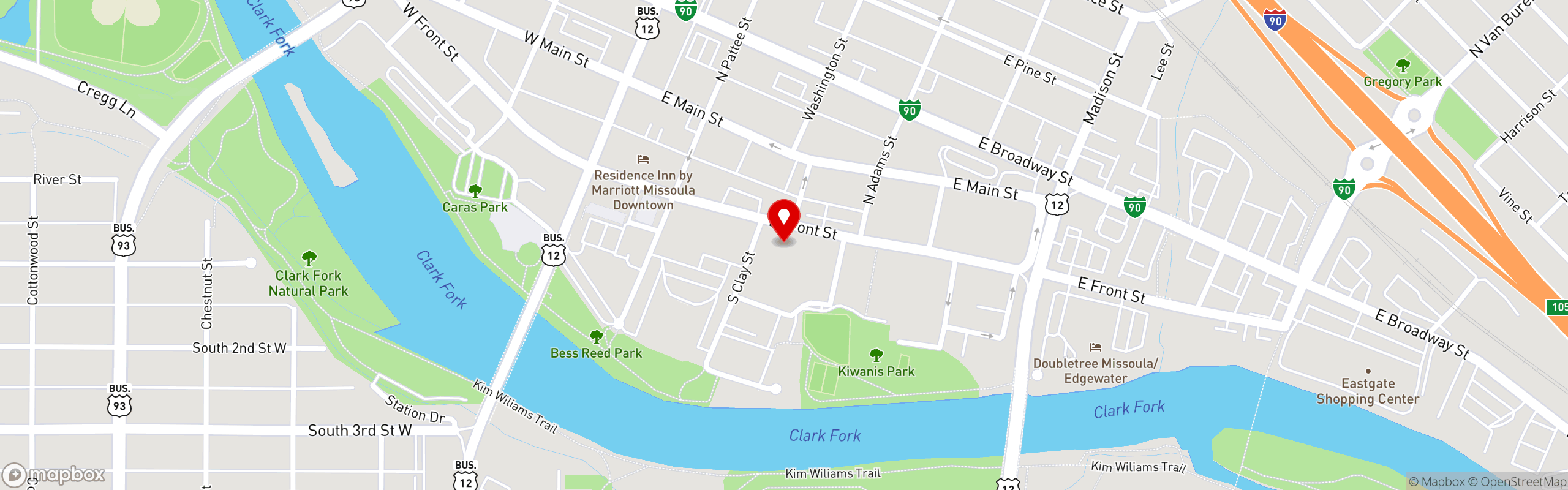 Street map pinning Front St. Pizza in Missoula