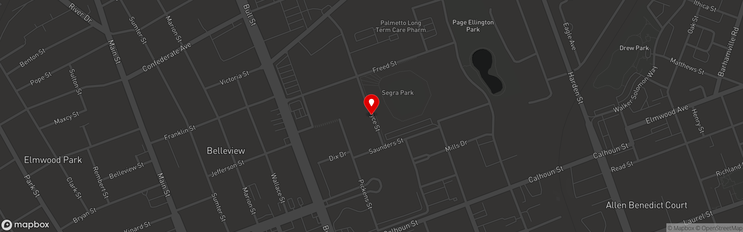 Street map pinning Shuckin' Shack - Columbia in Columbia, SC