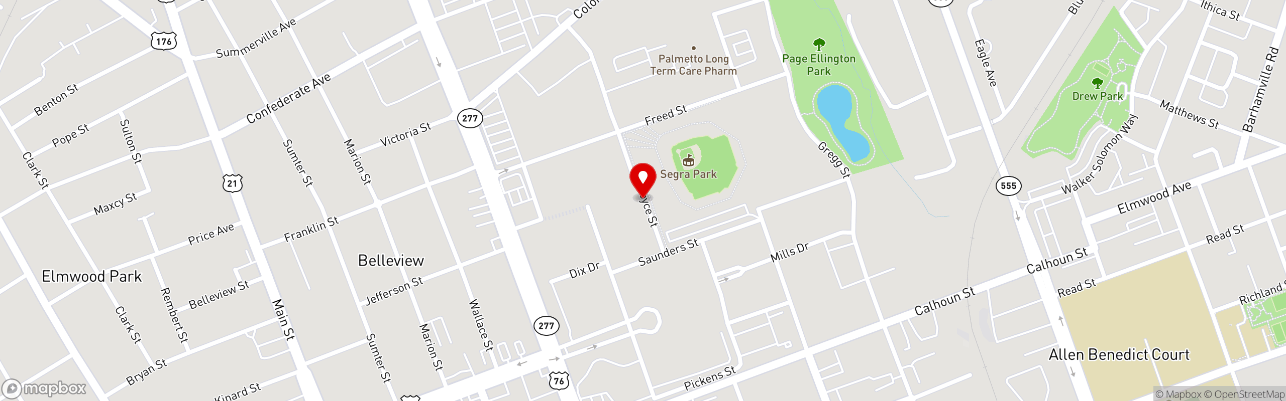 Street map pinning Shuckin' Shack - Columbia in Columbia, SC