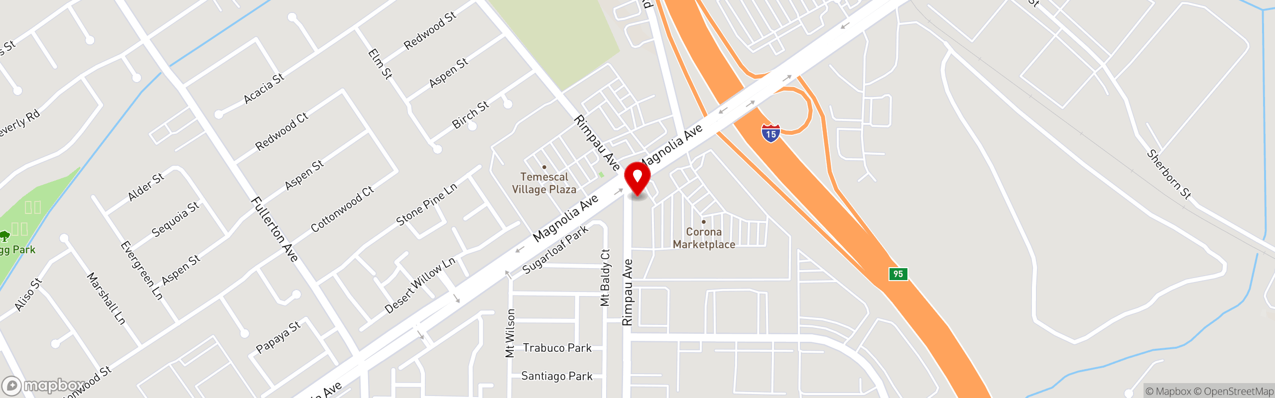 Street map pinning Fuze Pizza in Corona