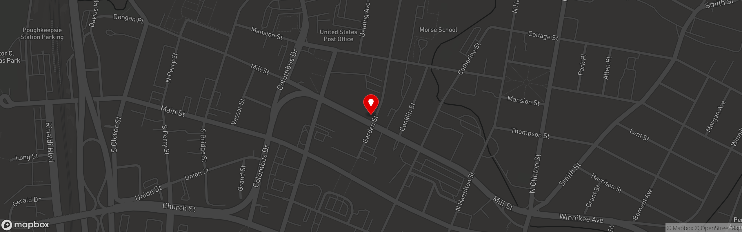 Street map pinning Mill House Brewing Company in Poughkeepsie