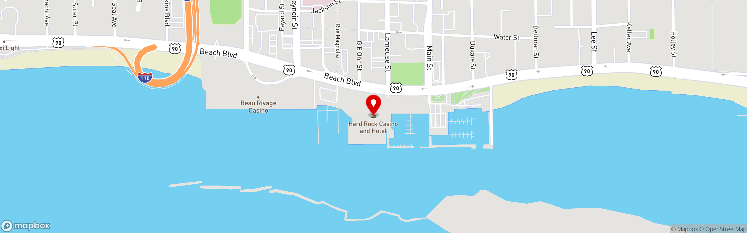Street map pinning Sugar Factory in Biloxi, MS